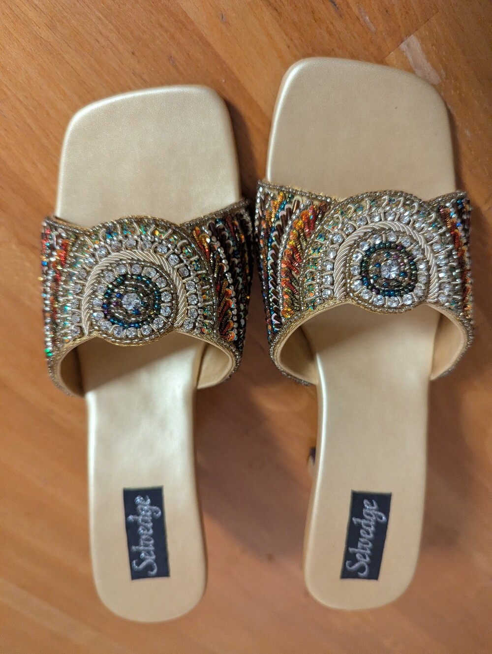 New Stunning Gold Multicolor Beaded Embellished Slide Mules
